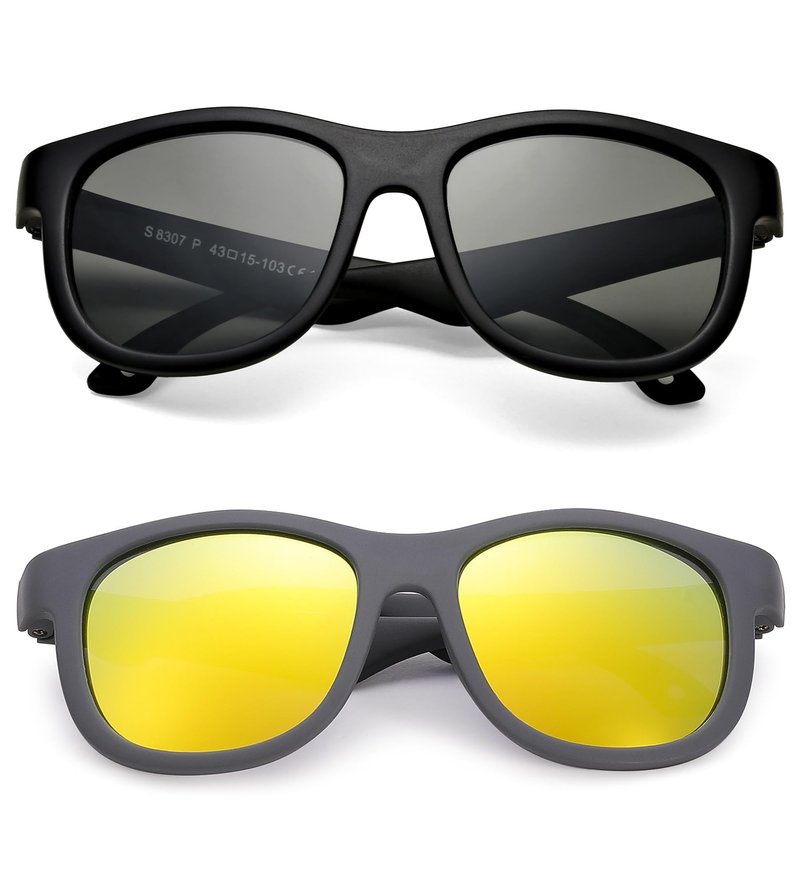 NULOOQ Flexible Polarized Baby Sunglasses with Adjustable Strap for Toddler Newborn Infant Age 0-24 Months, 100% UV Protection (Black/Gray + Gray/Gold Mirrored) - 2 Pack