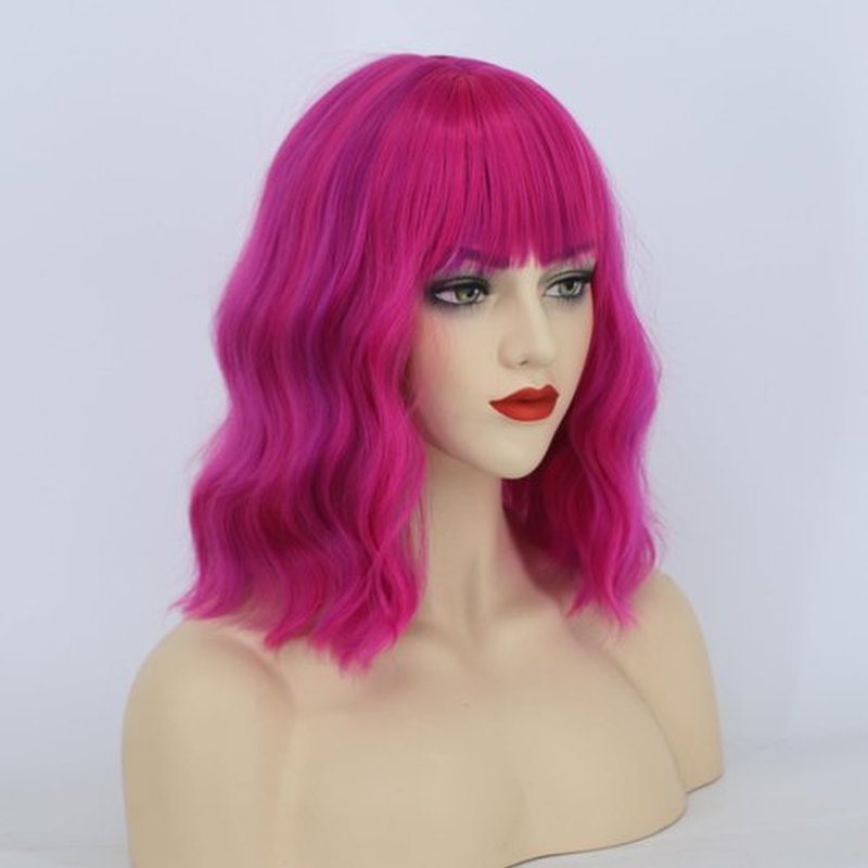 Amyqueen Short Bob Wig for Women Loose Wavy Bob Wig with Bangs for Women Synthetic Short Curly Wave Wigs Heat Resistant Fiber Hair Wigs for Daily(Rose mixed Purple)