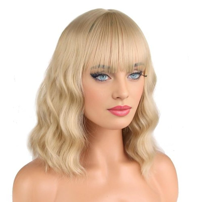 BERON 14 Inches Blonde Wig Short Curly Wig Women Girl's Synthetic Wig Ash Blonde Wig with Bangs Wig Cap Included