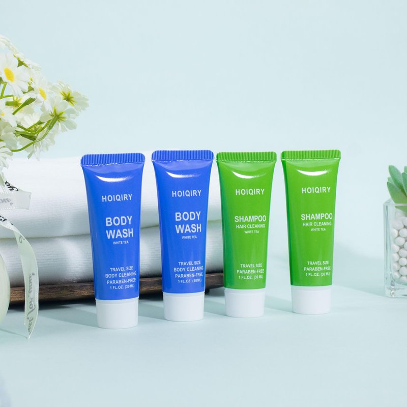 HOIQIRY 50 Set Travel Size Shampoo and Body Wash Bulk,100 pack Individually Wrapped 30ml/1 fl oz Mini Hotel Toiletries Cleaning Supplies for Guests,Travel,Homeless,Charity