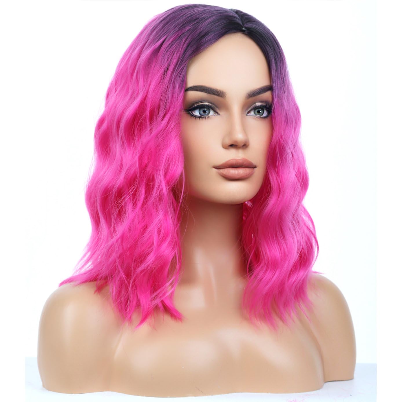 BERON Hot Pink Short Wigs Curly Bob Wig Ombre Color Wavy Hair Wigs Side Part Women's Synthetic Wigs Daily Party Use