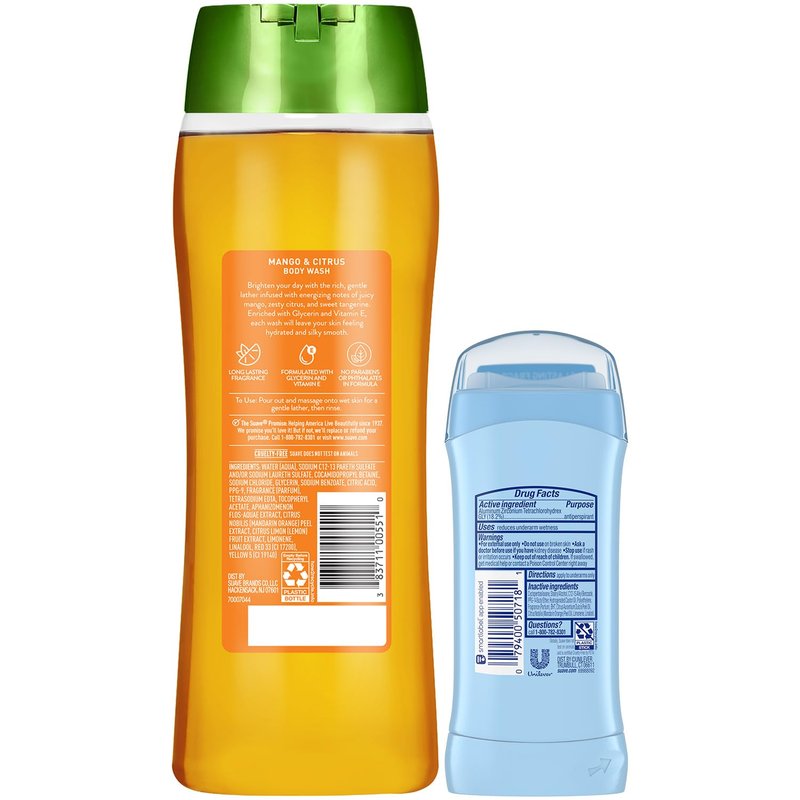 Suave Body Wash 2-Pack + Antiperspirant Deodorant, Mango & Citrus – Gentle Body Washes with Vitamin E & Anti-Staining Invisible Solid Deodorant Stick, 48H of Protection