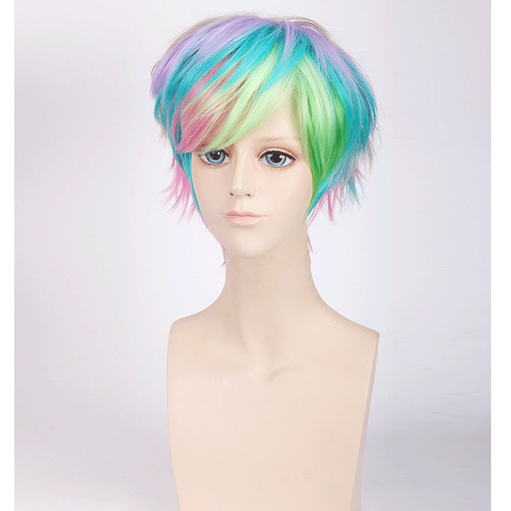 BERON Women's Rainbow Short Straight Bob Wig Rose Net with Wig Cap