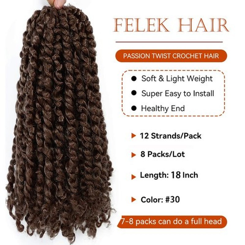Felek Passion Twist Crochet Hair 6-24inch 8 Packs Pre Looped Twist Crochet Hair For Black Women Natural Soft Pre Twisted Passion Twist Crochet Hair (#30, 18inch)