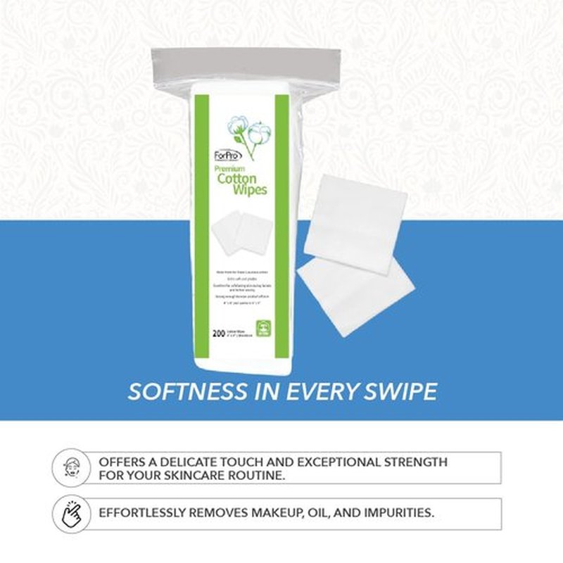 ForPro Professional Collection Premium Cotton Wipes, 100% Cotton, Extra-Soft, for Cosmetic, Nail, and Personal Care, 4” x 4”, 200-Count