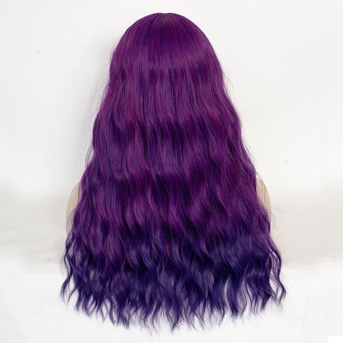 WGPFWIG Women's Purple Ombre Wig 22''Long Curly Wavy Wig Shoulder Length Flat Bangs Wig For Women Girl Cosplay Party Halloween Wig Cap Included (22''Purple Ombre)