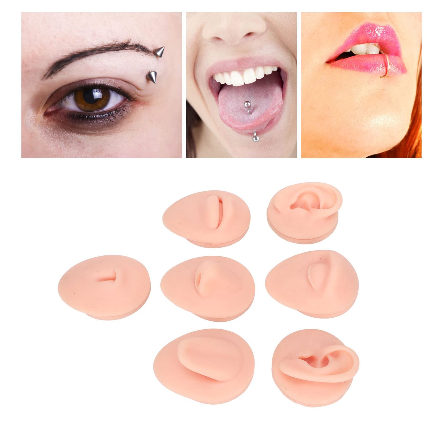 Soft Silicone Flexible Model Body Part Displays Set, Body Piercing Practice Model Simulation Ear Eye Nose Mouth Tongue and Belly Button Model for Novice Piercer (Light Skin Colour)