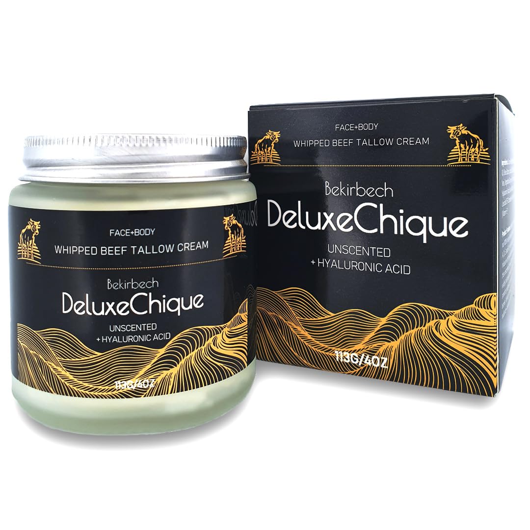 Bekirbech DeluxeChique Beef Tallow Face Moisturizer – Whipped Tallow & Honey Balm with Hyaluronic Acid, Manuka Honey, Aloe & Green Tea – Unscented Natural Skin Cream for Dry or Sensitive Skin – 4oz