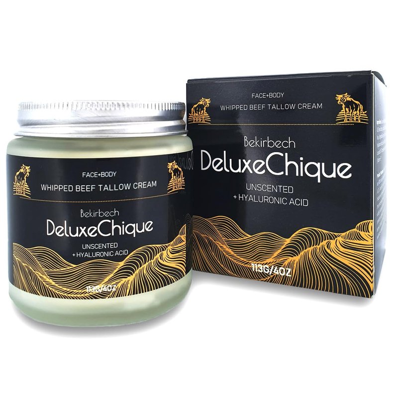 Bekirbech DeluxeChique Beef Tallow Face Moisturizer – Whipped Tallow & Honey Balm with Hyaluronic Acid, Manuka Honey, Aloe & Green Tea – Unscented Natural Skin Cream for Dry or Sensitive Skin – 4oz