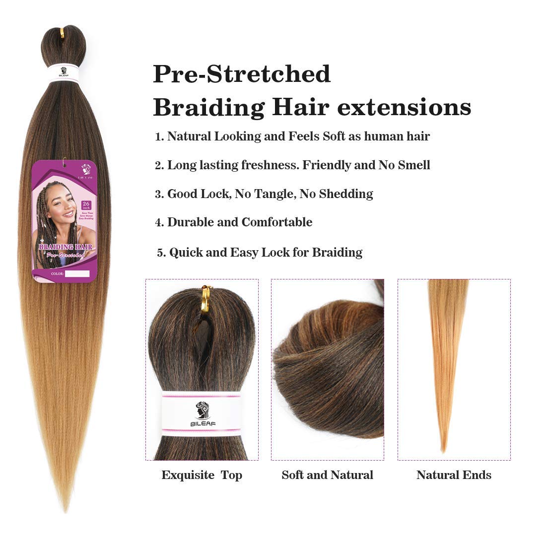 Bileaf Pre Stretched Braiding Hair 26 Inch Ombre Braiding Hair Hot Water Setting 8 Packs Long Braiding Hair Pre Stretched Soft Yaki Texture Synthetic Hair Extensions for Braids(1B-30-27)