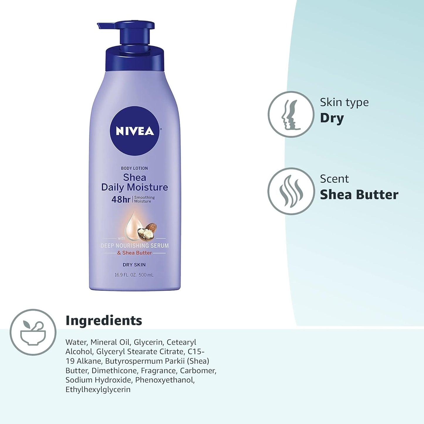 NIVEA Shea Nourish Body Lotion for Dry Skin with Hyaluronic Acid, Shea Butter and Deep Nourishing Serum, 48-Hour Body Moisturizer, 2.5 Fl Oz Bottle, Pack of 6
