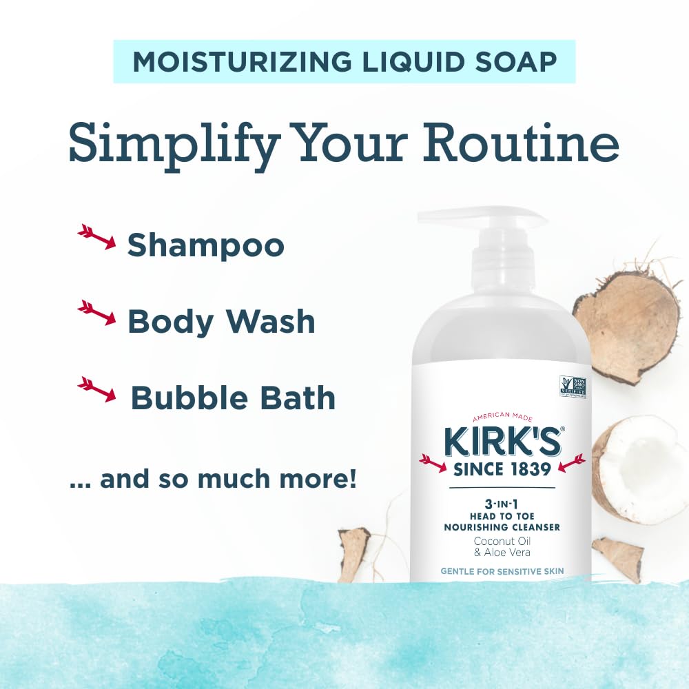 Kirk's 3-in-1 Head to Toe Nourishing Liquid Cleanser & Travel Size Bar Soap - for Men, Women & Children - Premium Coconut Oil and Aloe Vera- Non GMO & Vegan -Fragrance Free - 32 Fl Oz. 2 pack