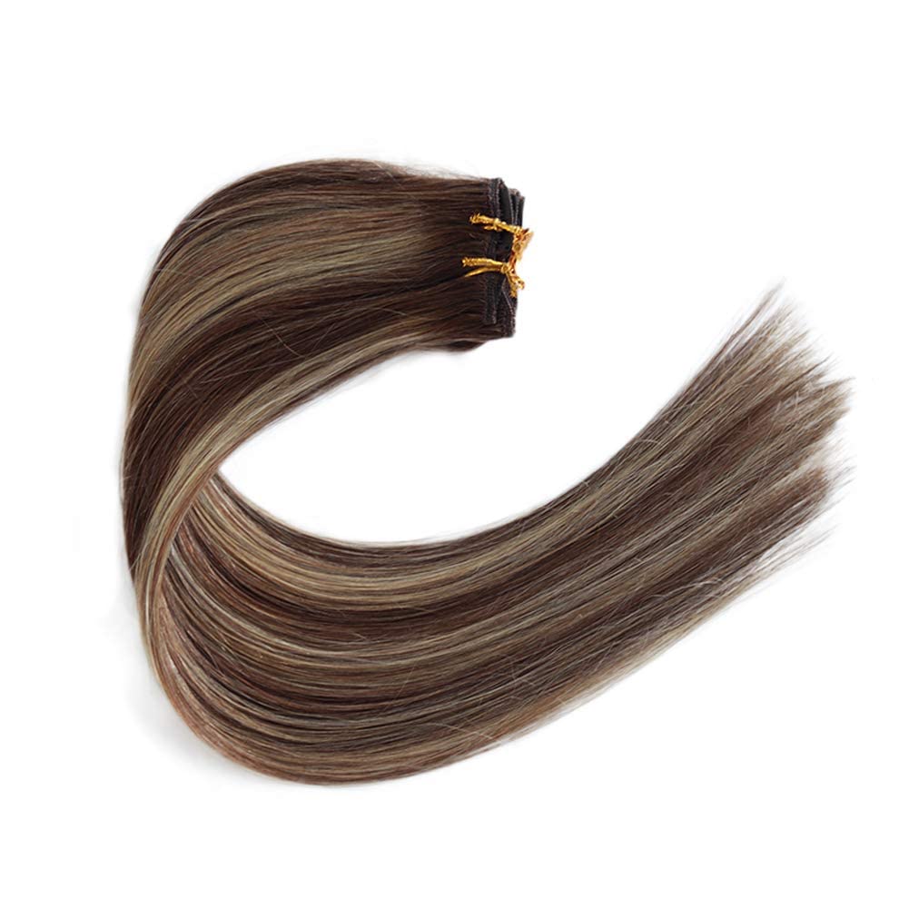 Clip in Hair Extensions Real Human Hair, Balayage Dark Roots Fading to Ash Brown Straight Natural Remy Hair Seamless Clip in Hair Extensions with 16 Clips 14" 70G