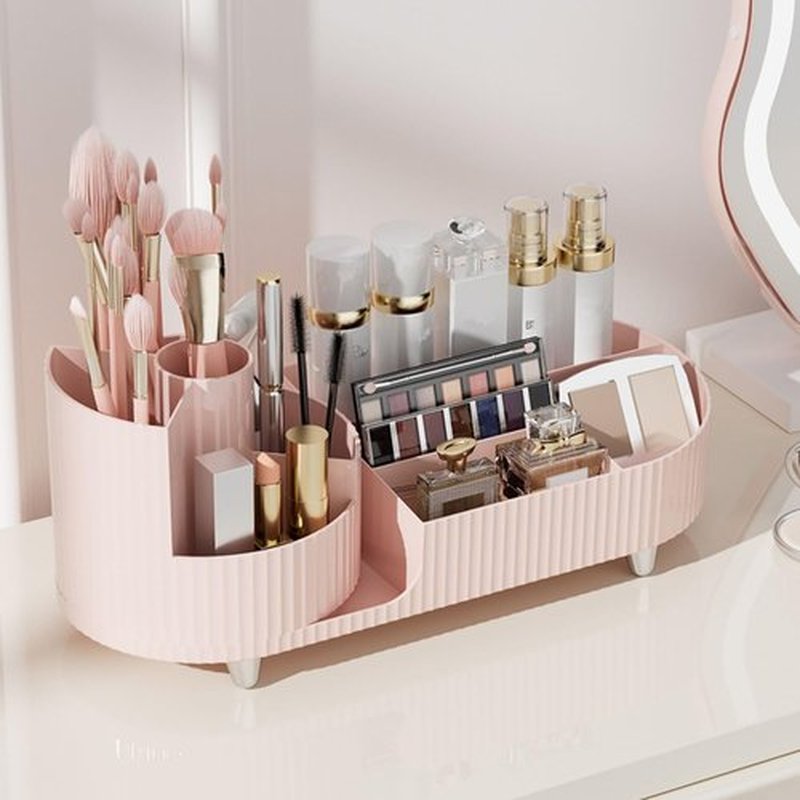 Makeup Organizer Countertop Rotating Makeup Organizer for Vanity Large Capacity Cosmetic Display Case with Makeup Brush Holder Cosmetic Organizer Countertop(Pink)