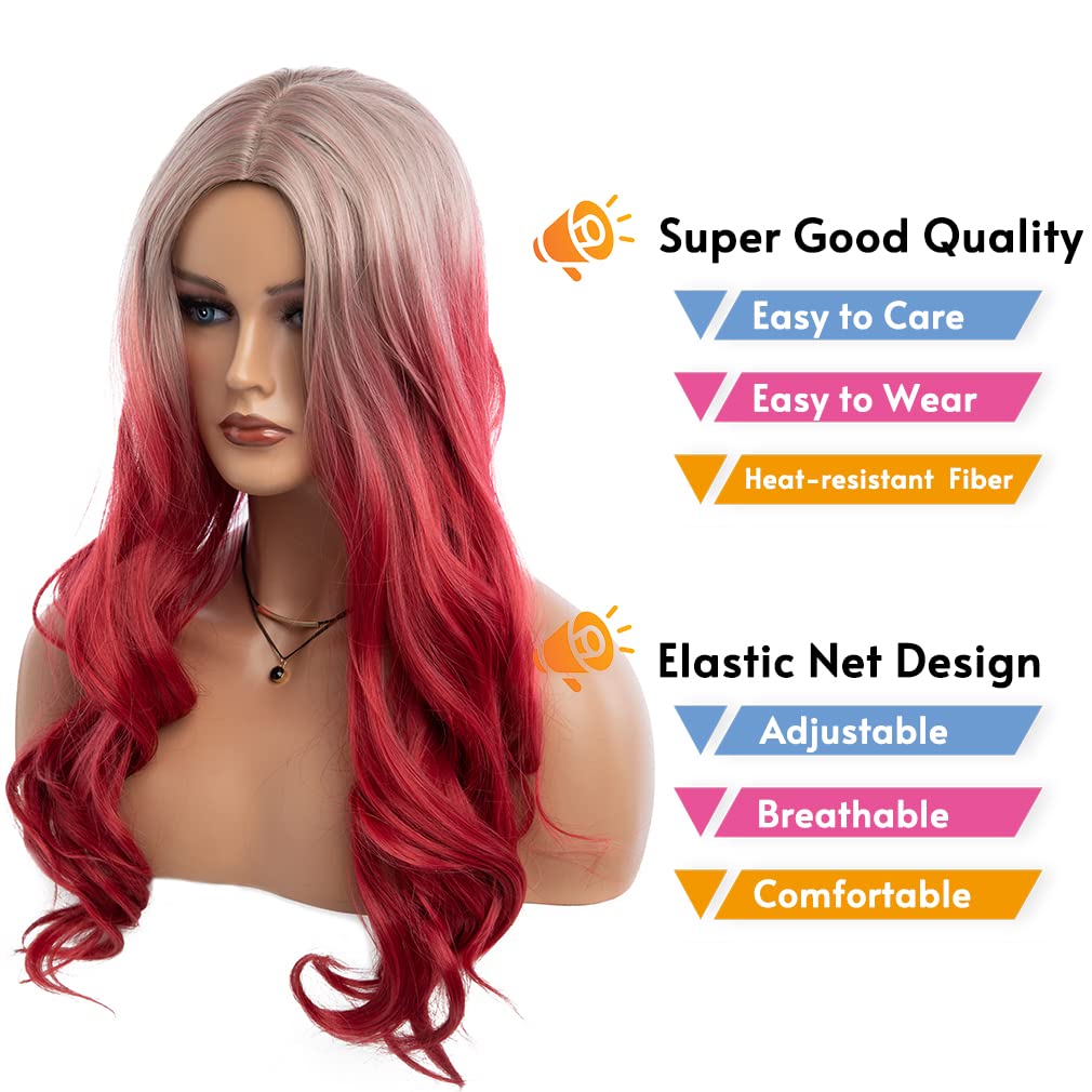 Beweig Long Curly Wavy Silver Grey to Red Wig Middle Part Natural Looking Synthetic Cosplay Wig for Women