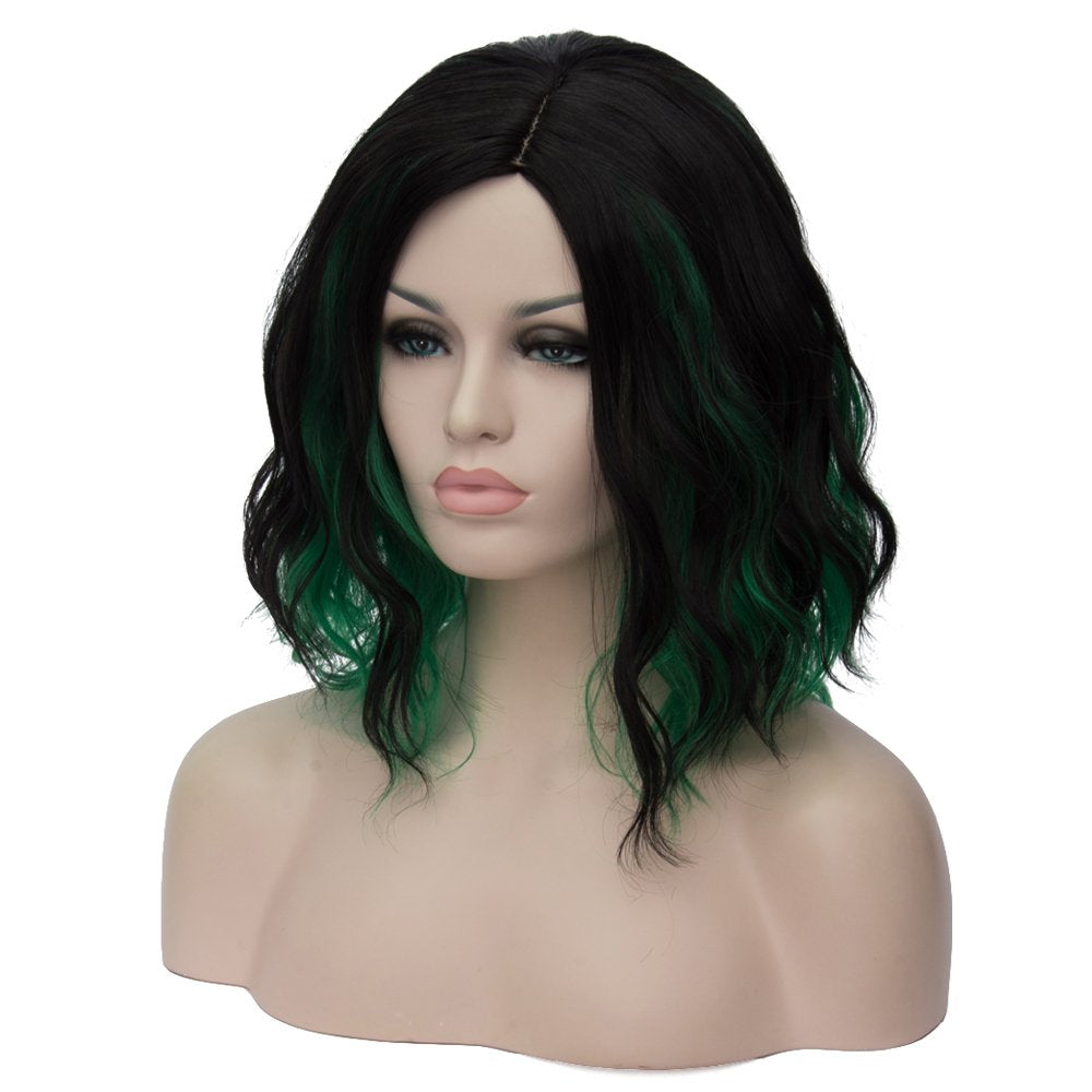 BERON Black and Green Wigs Women Short Curly Wavy Wig Girls Mixed Color Shoulder Length Side Part Halloween Cosplay Party or Daily Used Wig