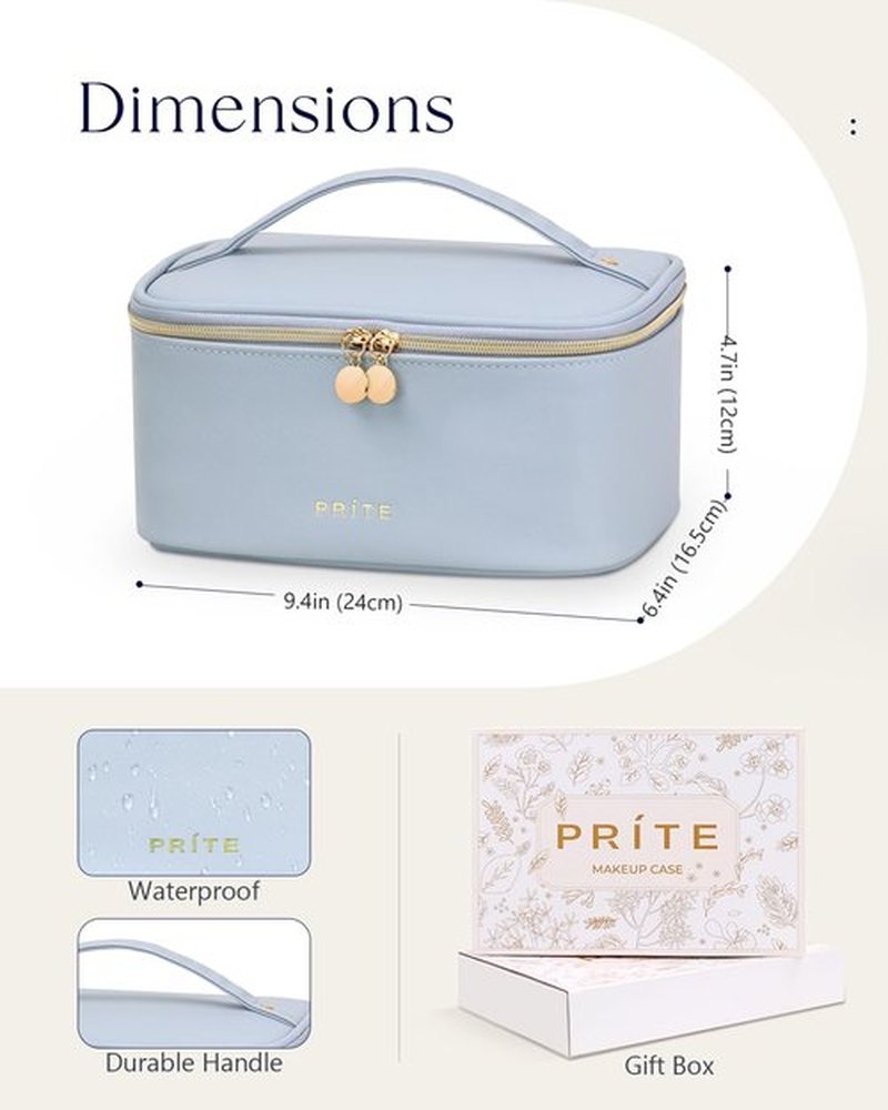 Prite Makeup Bag, Large Capacity Portable Travel Cosmetic Bag, Waterproof Makeup Organizer for Women with Handle and Divider(Blue)