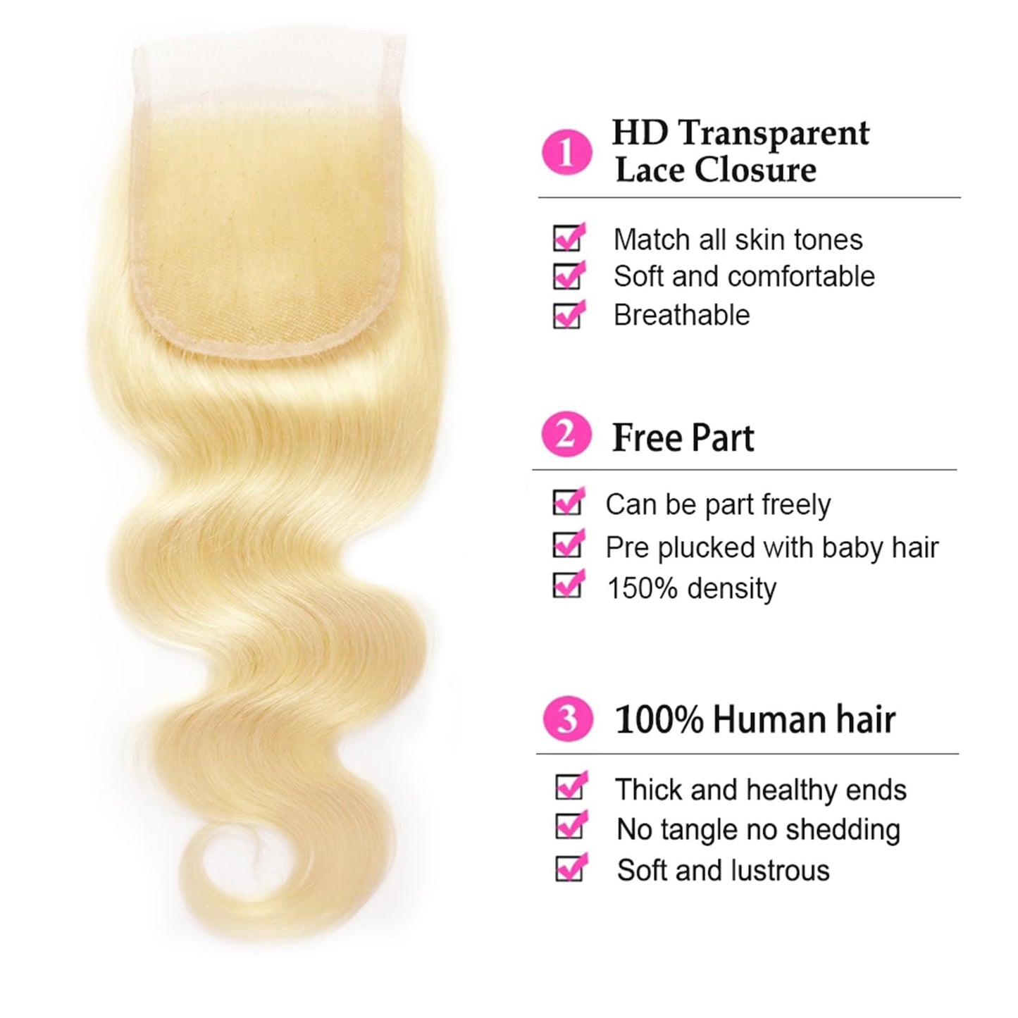 613 Bundles with Closure Blonde Human Hair Bundles with Closure (16 18 20+14)- 12A 100% Brazilian Virgin Hair Bundles with 4x4 Transparent Lace Closure, Body Wave Bundles with Closure