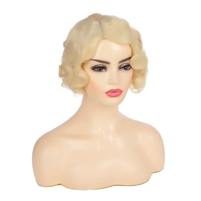 Kaneles Short Blonde Curly Wig Finger Wave Synthetic Hair for Women 1920s Halloween Cosplay Costume Party Come with Wig Cap (Blonde)