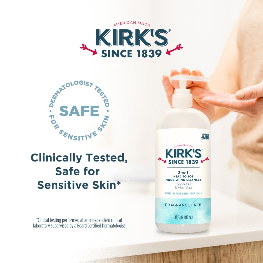 Kirk's 3-in-1 Head to Toe Nourishing Liquid Cleanser & Travel Size Bar Soap - for Men, Women & Children - Premium Coconut Oil and Aloe Vera- Non GMO & Vegan -Fragrance Free - 32 Fl Oz. 2 pack
