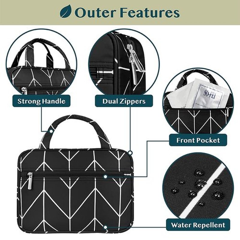 PAVILIA Hanging Toiletry Bag Travel Bag Women Men, Foldable Cosmetic Organizer, Roll up Makeup Bag, Water Resistant Accessories Toiletries, Large Travel Essentials Kit (Black Chevron)