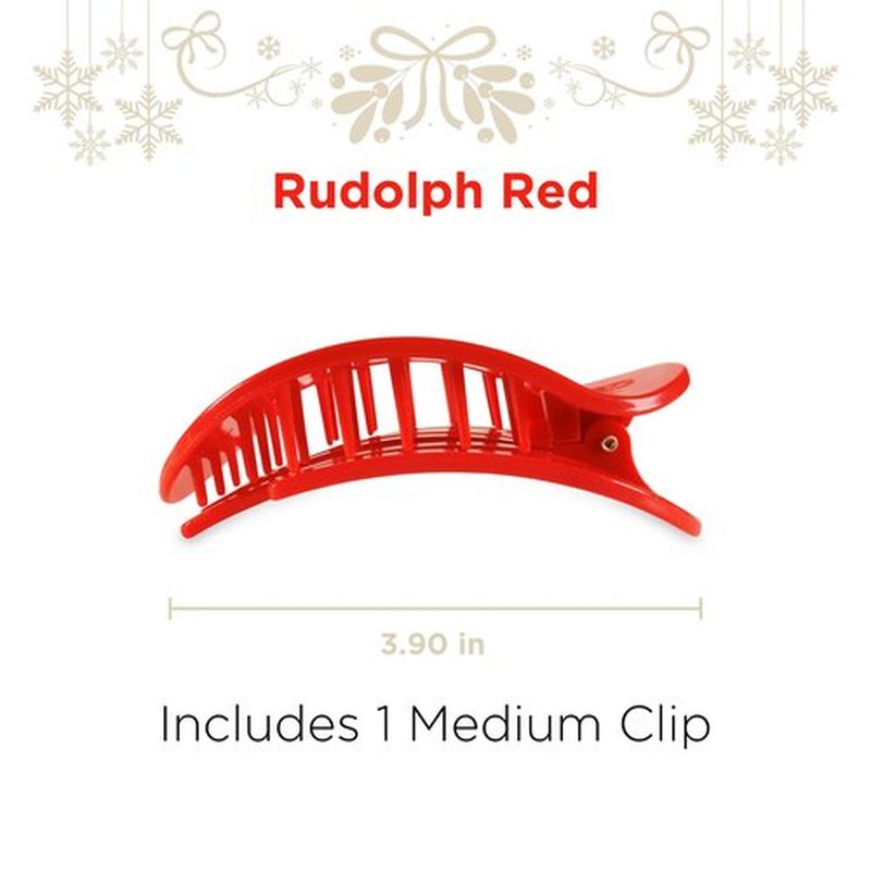TELETIES - Medium Flat Round Hair Clip - Holiday Collection - Hair Claw Clips for Women - Strong Grip, Bendable Teeth, Curved Design - For All Hair Types and Textures - Rudolph Red