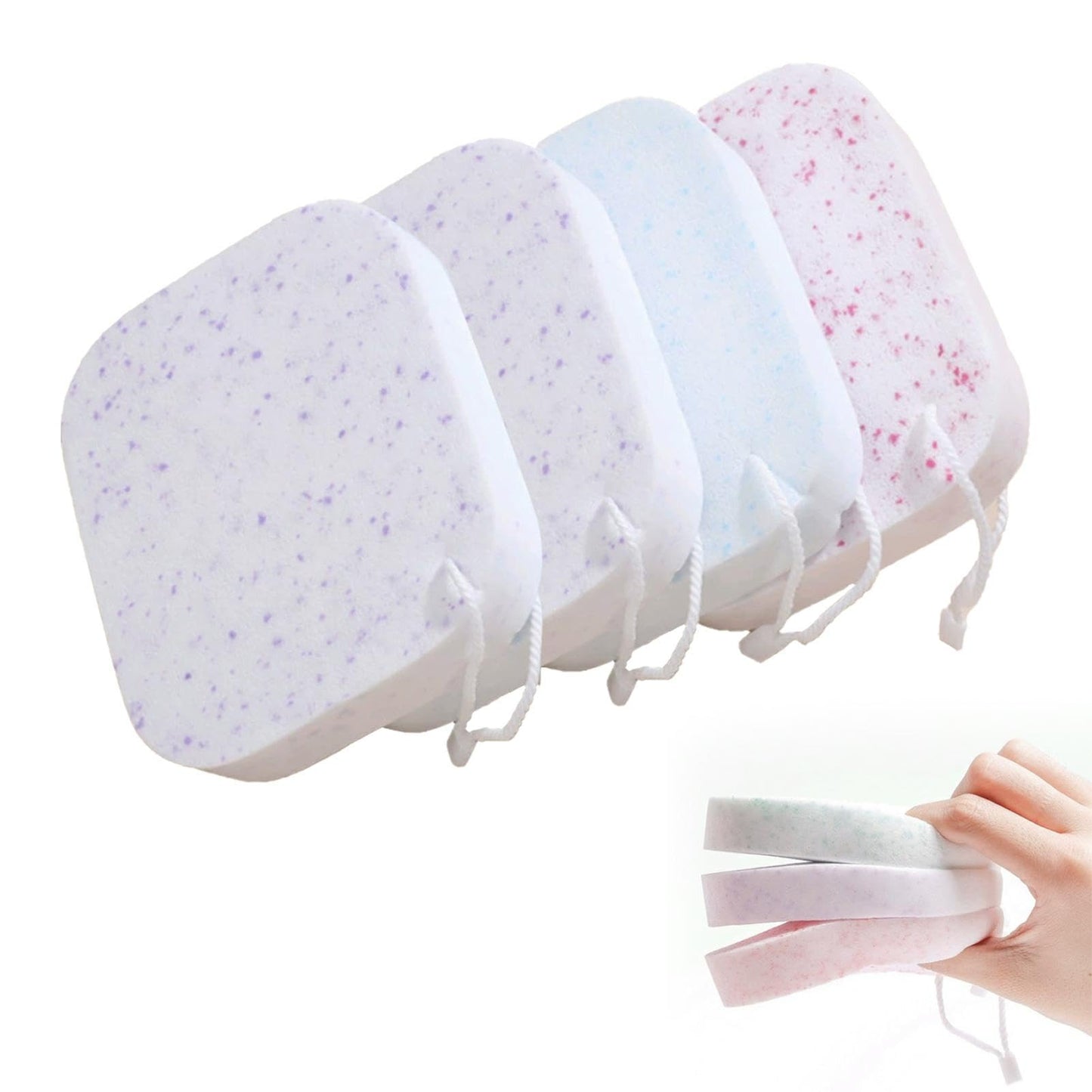 4Pcs Facial Sponges, Travel Makeup Remover Sponge with Drying Rope, Reusable Exfoliating Pads Body Scrubber, Face Sponges Thick for Cleansing, Washing Face, Exfoliating, Makeup Removal, Cosmetic Spa