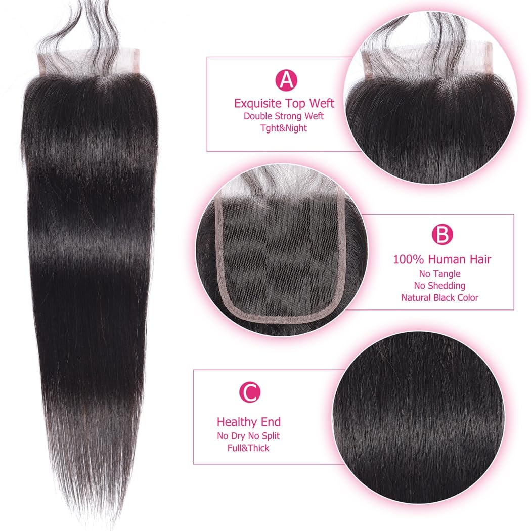 Odir 12 Inch Straight 4x4 Lace Closure Brazilian Human Hair 150% Density Unprocessed Straight Virgin Human Hair Swiss Lace Closure HD Lace Frontal No Bleached Knots Closure Natural Color