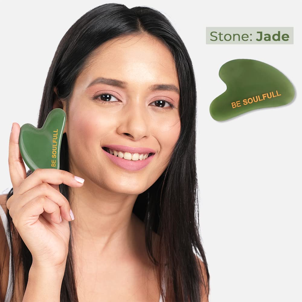 BE SOULFULL Gua Sha | Natural Face Massaging Stone for Firm and Glowing Skin | for Men & Women | 1 Unit (Jade Green)