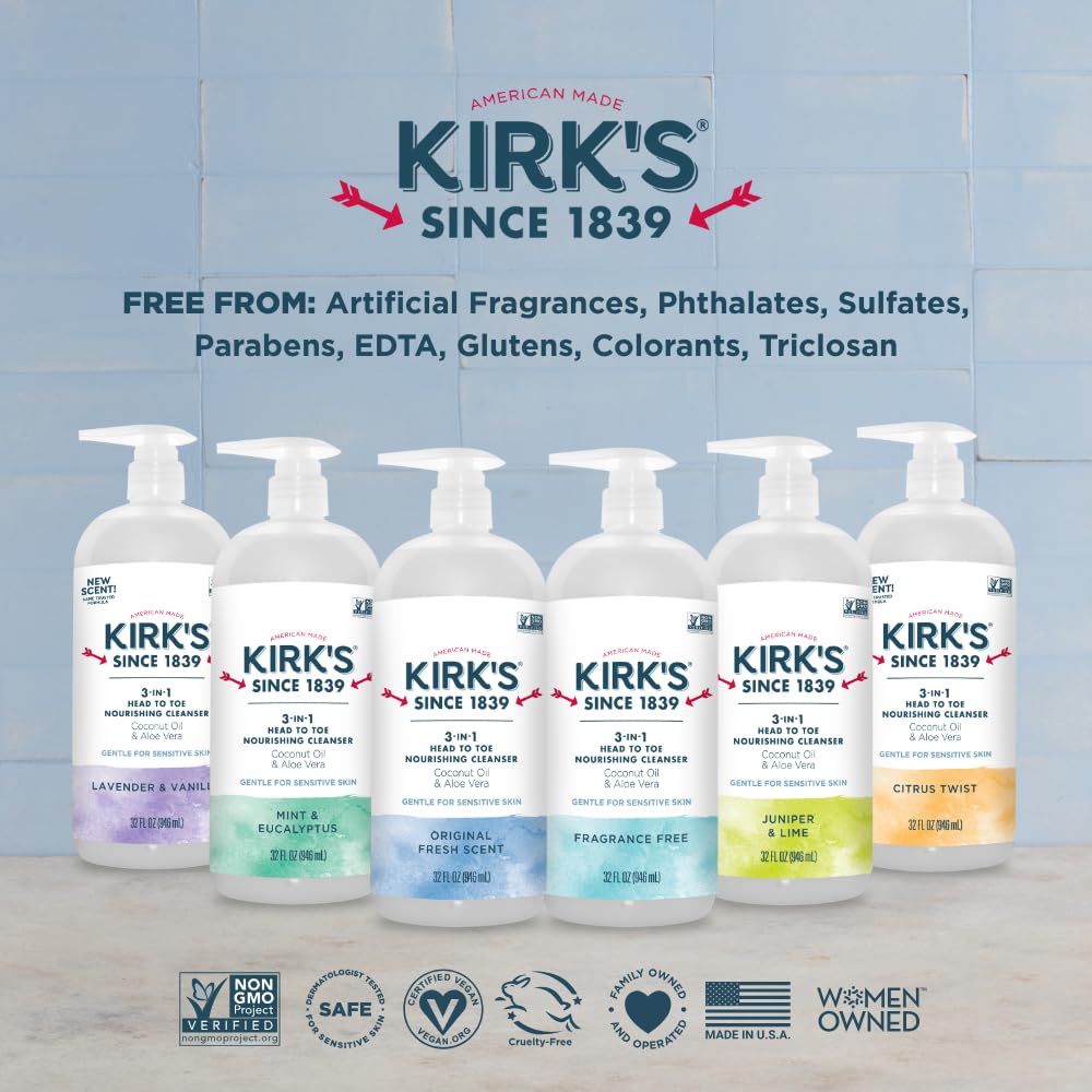 Kirk's 3-in-1 Head to Toe Nourishing Liquid Cleanser & Travel Size Bar Soap - for Men, Women & Children - Premium Coconut Oil & Aloe Vera- Non GMO & Vegan -Mint & Eucalyptus - 32 Fl Oz. 2 pack