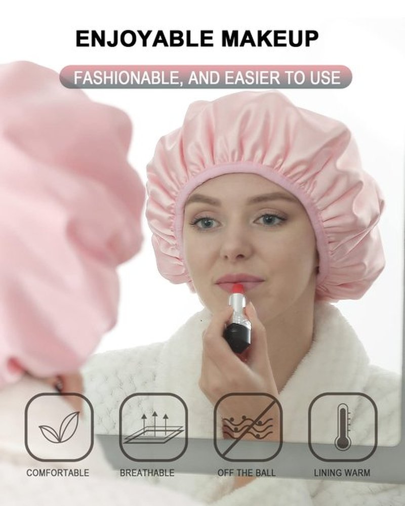 YIZIJIZI Terry Lined Shower Cap,Triple Layer Large Cap for Women,Shower Cap Reusable Waterproof,Long Thick Hair(Pink)