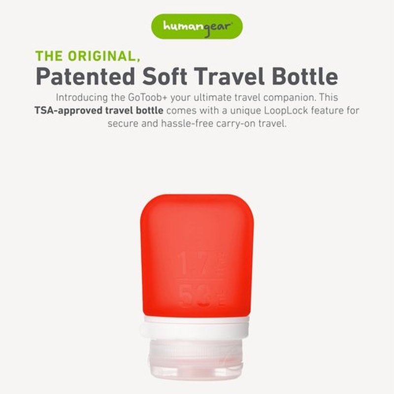 humangear GoToob+ (Small) | Refillable Silicone Travel Bottle | Locking Lid | Food-Safe Material | Red, Small (1.7 fl.oz; 53ml)