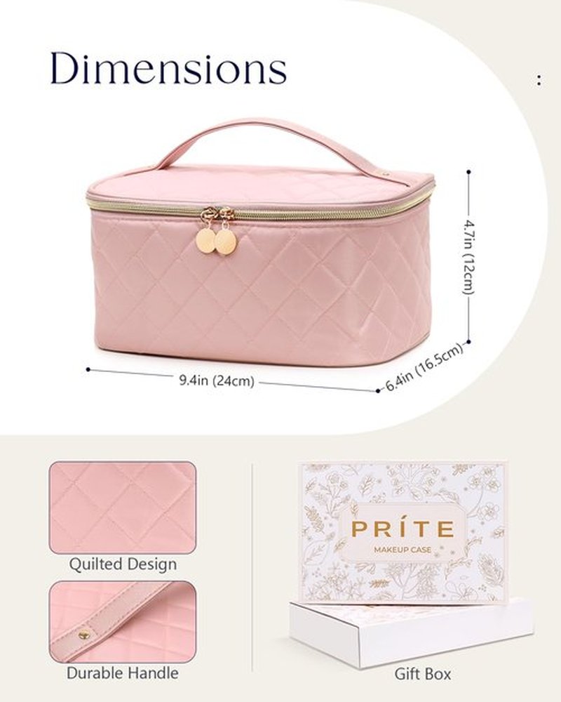 Prite Makeup Bag, Large Capacity Portable Travel Cosmetic Bag, Waterproof Makeup Organizer for Women with Handle and Divider(Pink Rhombus)