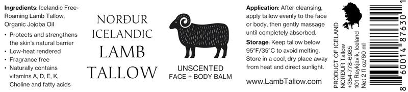 NORDUR 100% Icelandic Lamb Tallow for Skin Care - Face + Body - Whipped Moisturizer from Free Roaming Icelandic Lambs - Ultra Nourishing, 2 FL. oz. (Unscented)