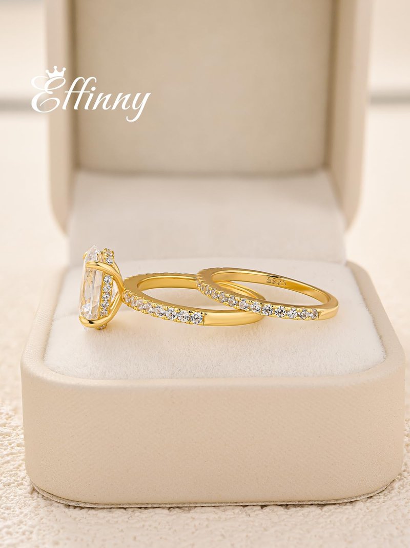 Effinny 3.5ct Elongated Oval Cut Engagement Ring Set,925 Sterling Silver Bridal Ring Set with Half Eternity Wedding Ring (Golden, 7.5)