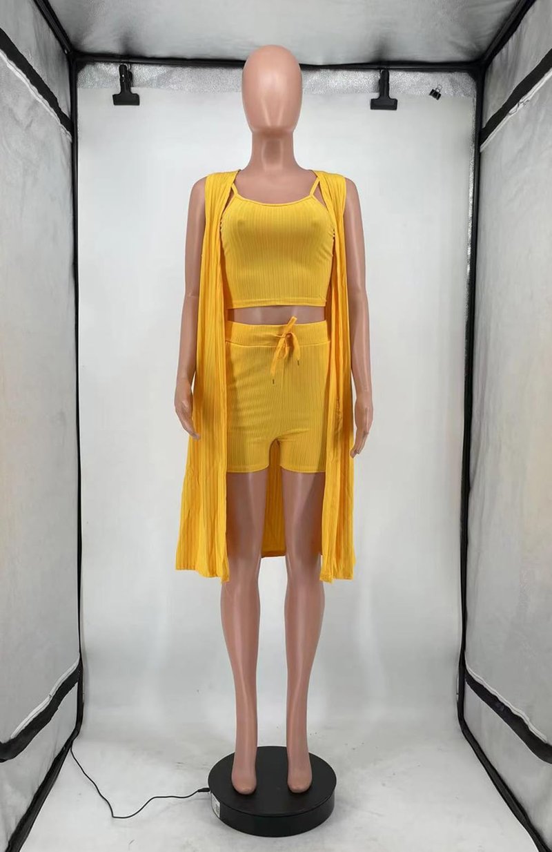 Aladeno Women 3 Piece Outfits Ribbed Sleeveless Kimono Cardigan Cover Up Tank Crop Tops Bodycon Shorts Tracksuit Lounge Sets Yellow Medium