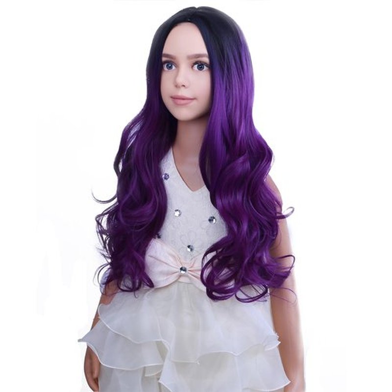 PATTNIUM Dark Purple Wig Kids Child Wig Long Curly Wavy Wig Ombre Purple Wig Middle Part Girls Wig Black to Purple Wigs Heat Resistant Synthetic Hair Wig with Wig Cap