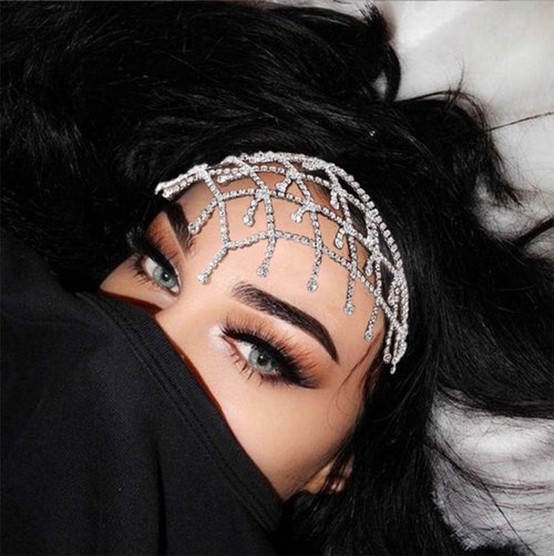 Aularso Rhinestone Head Chain Jewelry Forehead Hair Chain Wedding Tassel Headpiece luxury Crystal Party Headband for Women and Girls (Silver)