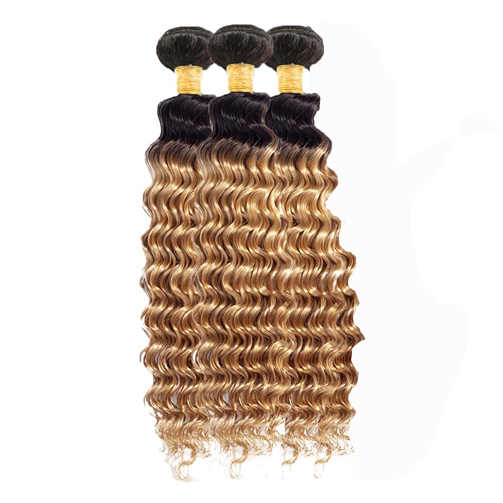 30 32 34 Inch Ombre Deep Wave Bundles 1b/27 Human Hair Bundles Honey Blonde Bundles 8A Grade Brazilian Virgin Remy Hair Bundles Blonde Wet and Wavy Bundles Double Weft Hair Extension