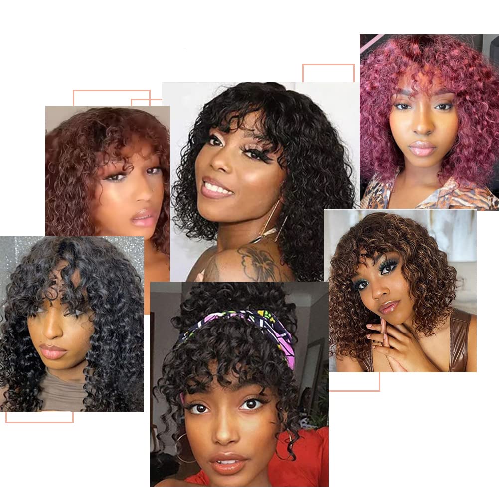 Spotlight Short Kinky Curly Wigs 10 inch Bob Loose Wave Human Hair Wigs for Women Brazilian Virgin Human Hair Wigs with Bangs 180% Density Natural Looking (Ombre Brown, TT1B/30)