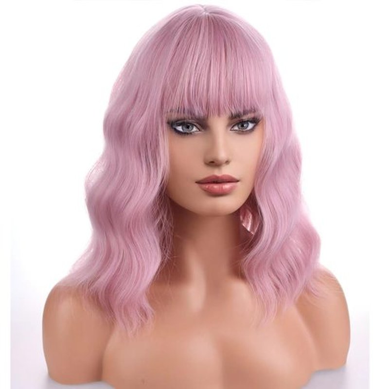 PATTNIUM Pink Wig for Women Short Curly Wavy Bob Wig Pink Wig with Bangs Shoulder Length Wig 12'' Heat Resistant Synthetic Wig (Pink)