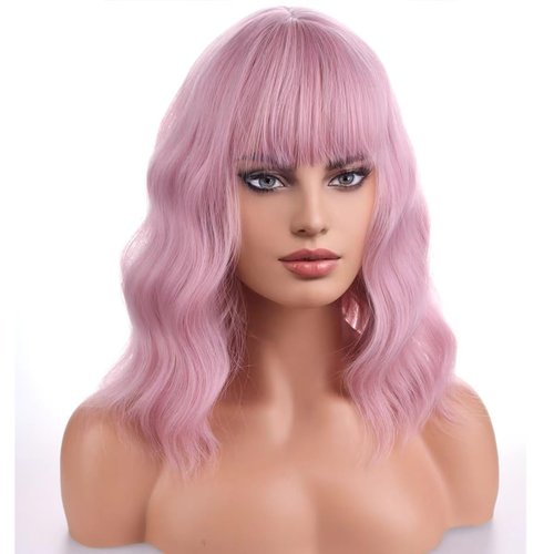 PATTNIUM Pink Wig for Women Short Curly Wavy Bob Wig Pink Wig with Bangs Shoulder Length Wig 12'' Heat Resistant Synthetic Wig (Pink)