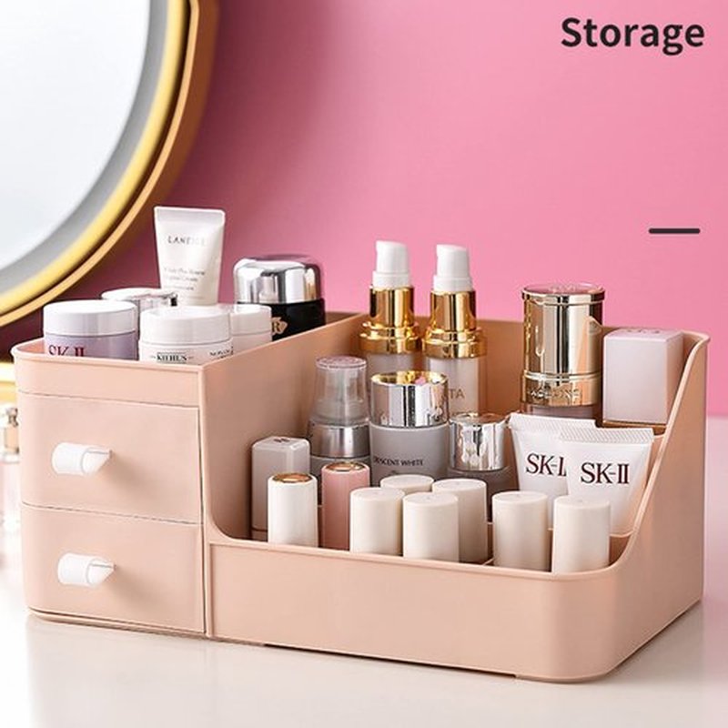 POFUOT skin care organizer,Makeup Desk Organizer With Drawers,Countertop Organizer for Cosmetics,Vanity brush with Holder for Lipstick, Brushes, Eyeshadow, and Desktop (polar pink)