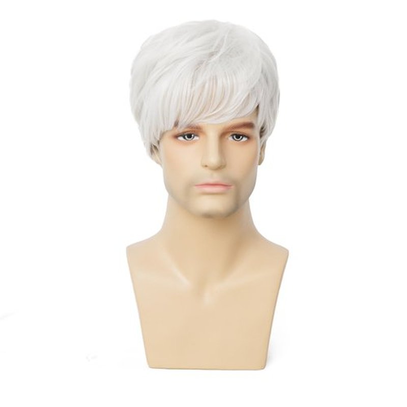 Dai Cloud White Short Mens Wig with bangs Layered Synthetic Hair Daily Wigs for Male Use