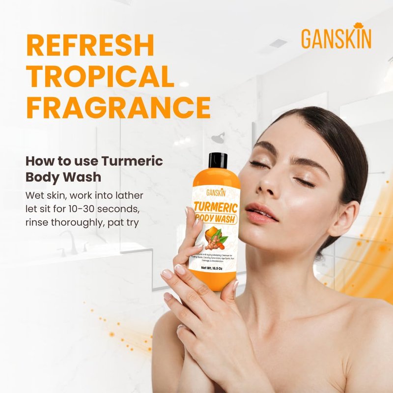 Ganskin Turmeric Body Wash – Skin Brightening Liquid Soap for Discoloration – Natural Anti Aging Exfoliating Turmeric Body Wash for Spots, Acne, Sun Damage – Bath Soap Skincare