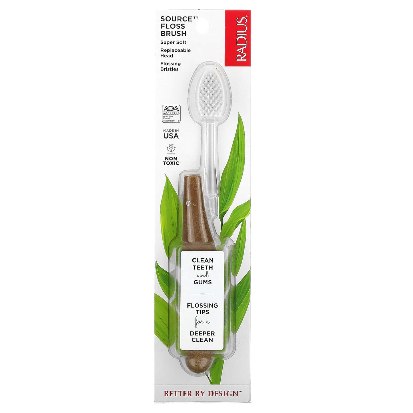 RADIUS Toothbrush Source Floss Brush BPA Free & ADA Accepted Improve Gum Health & Reduce Gum Issues - Super Soft - Cornstarch/Wood/Money - Pack of 3
