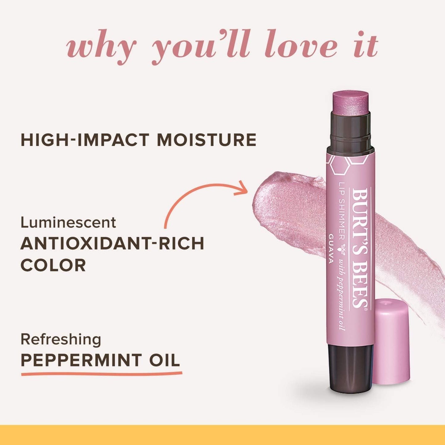 Burt's Bees Lip Shimmer, 100% Natural Moisturizing, with Peppermint Oil, Guava, 0.09 Oz - 6 Pack