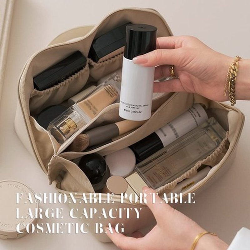 MINGRI Large Capacity Travel Cosmetic Bag for Women,Portable PU Leather Makeup Bag Water Resistant,Flat Open Multifunctional Storage Travel Toiletry Bag with Divider and Handle(White)