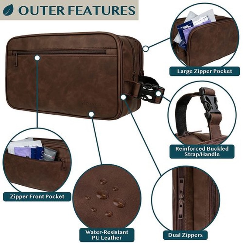 PAVILIA Toiletry Bag for Men, Travel Toiletries Bag | Water-resistant Dopp Kit, PU Leather Shaving Pouch Organizer for Accessories, Cosmetic, Hygiene, Grooming Essentials (XL, Dark Brown)