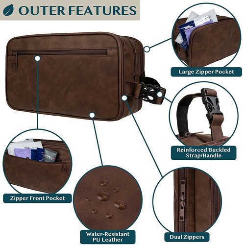 PAVILIA Toiletry Bag for Men, Travel Toiletries Bag | Water-resistant Dopp Kit, PU Leather Shaving Pouch Organizer for Accessories, Cosmetic, Hygiene, Grooming Essentials (XL, Dark Brown)